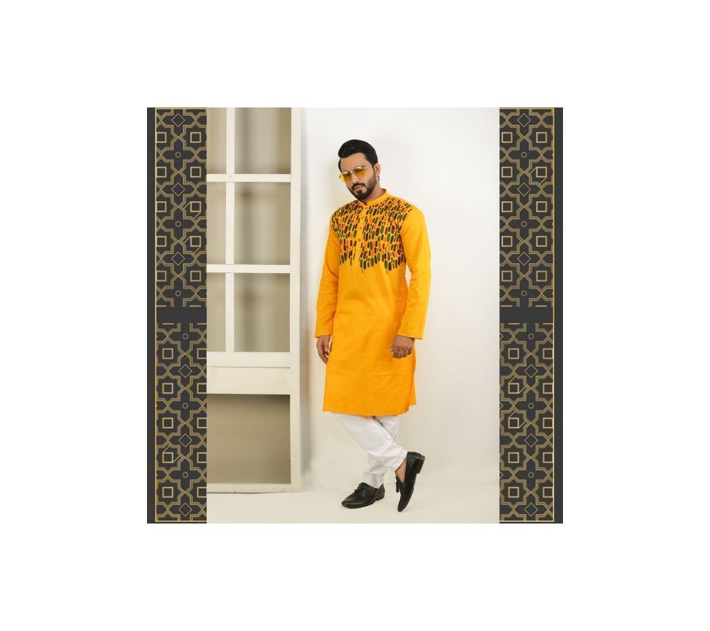 Stylish Semi Long Panjabi Yellow With Multi Both Side Design Color
