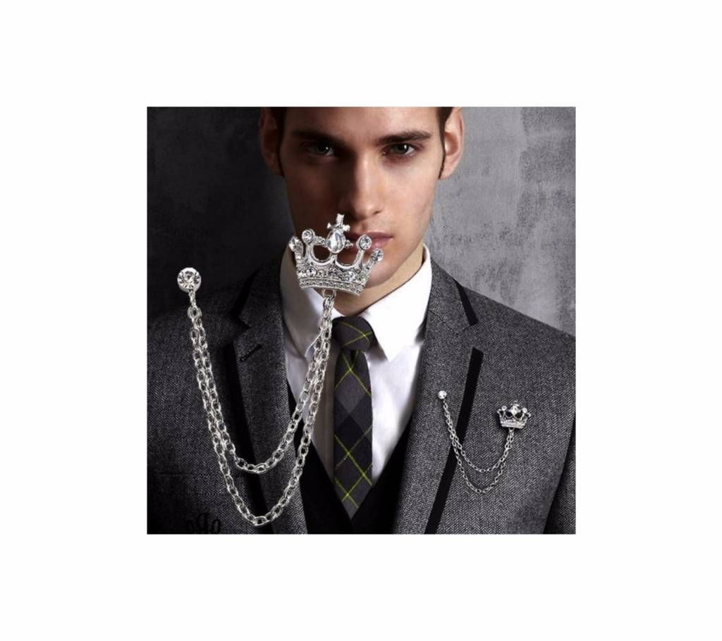 Silver Tassel Chain Crown Unisex Lapel Pin Brooch
