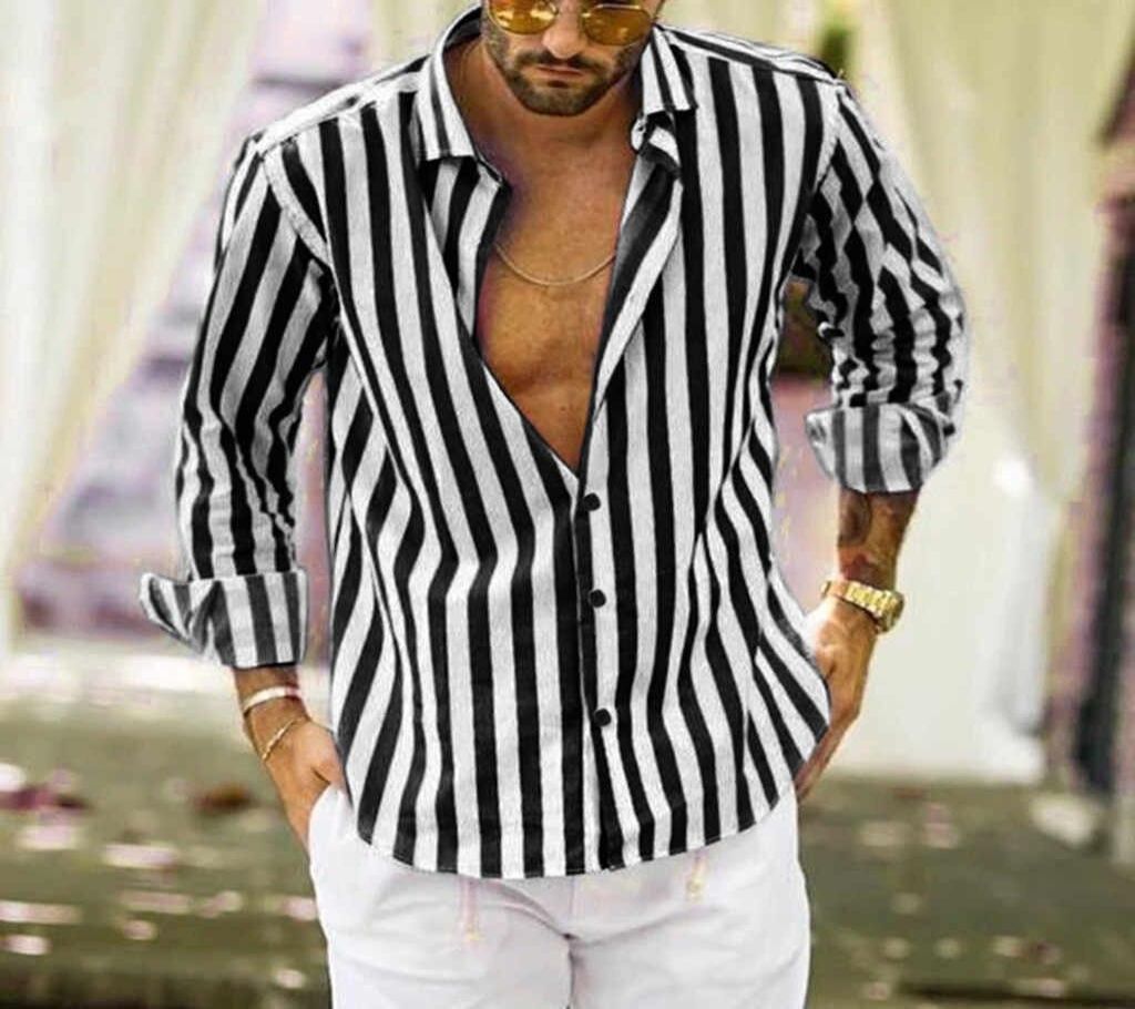 Black And White Striped Long Casual Shirt For Men
