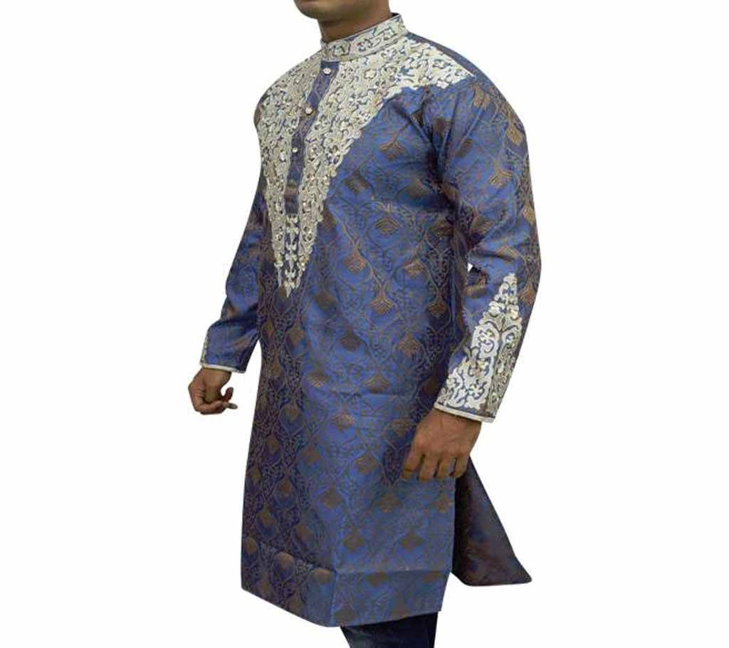 V Katan Semi Long Panjabi for Men - Blue & Golden