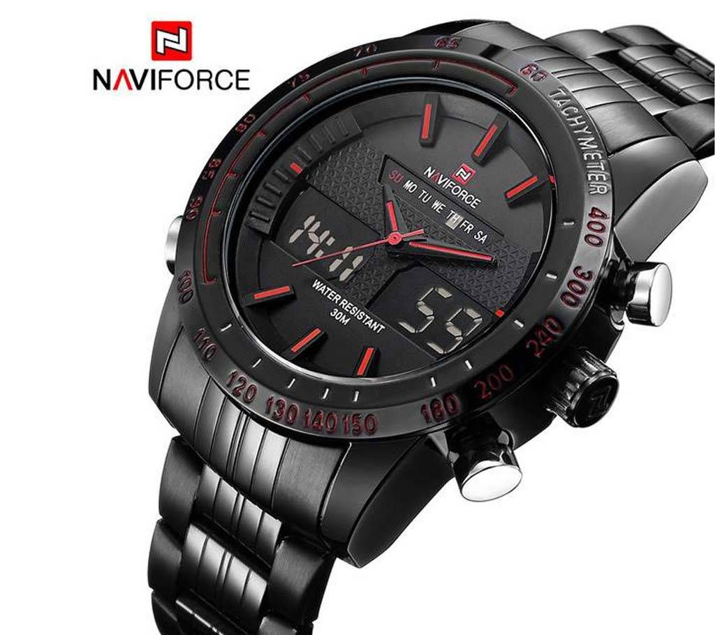 NAVIFORCE NF9024 STAINLESS STEEL DUAL TIME WRIST WATCH FOR MEN - BLACK & RED