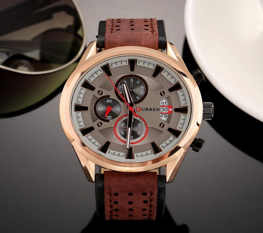 Curren 8290 Mens Analog Leather Strap Watch with Date Display  (Golden Red & Brown)