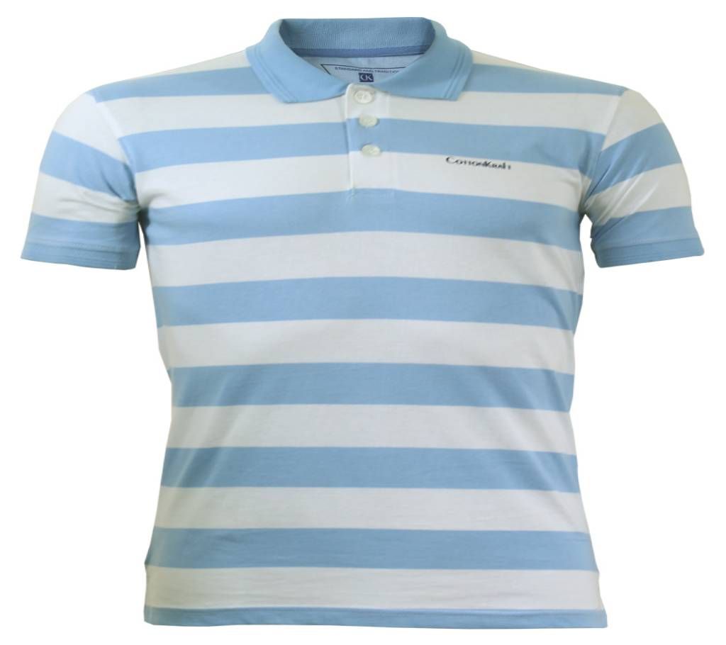 Sky Blue and White Stripe Cotton Polo for Men