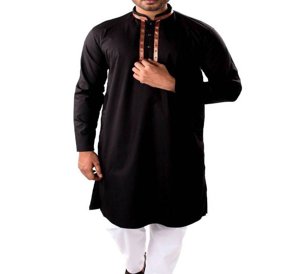 Black Cotton Long Panjabee For Men
