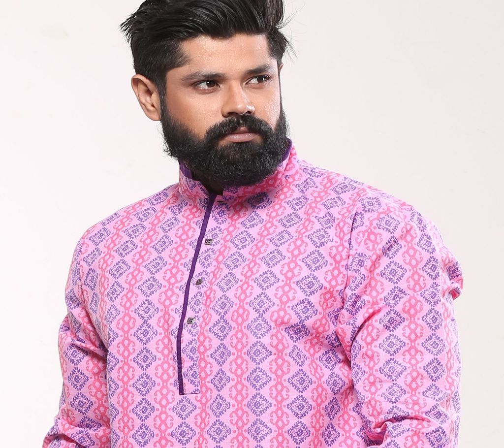 38 - Mens Cotton Punjabi - Pink Navy Print - MPL 74