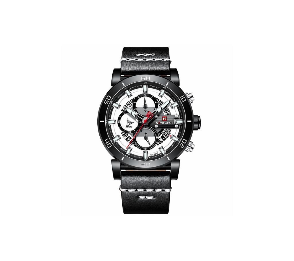NAVIFORCE NF9131 Black PU Leather Chronograph Watch For Men - White & Black