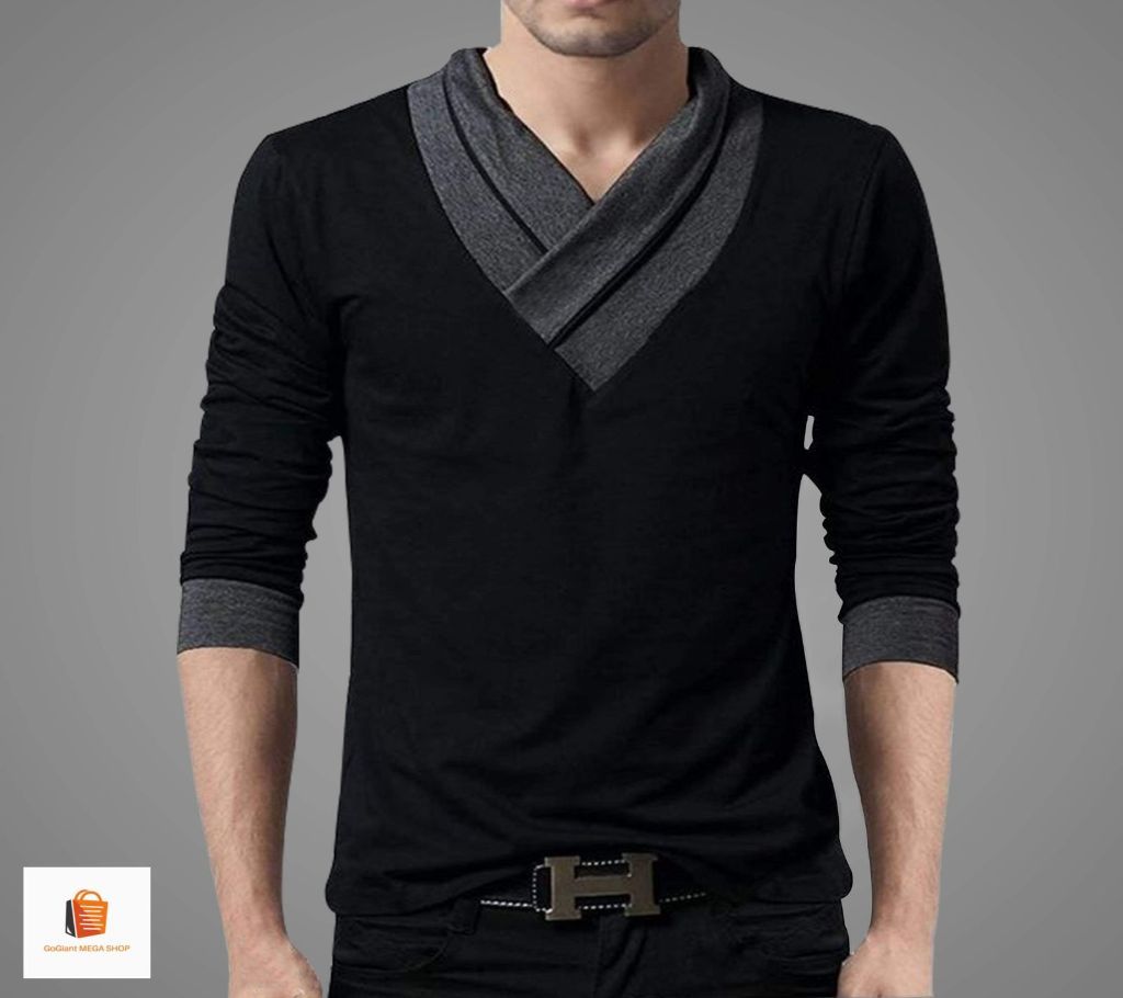 Mens V Neck Full Sleeve T shirt Black - GGM
