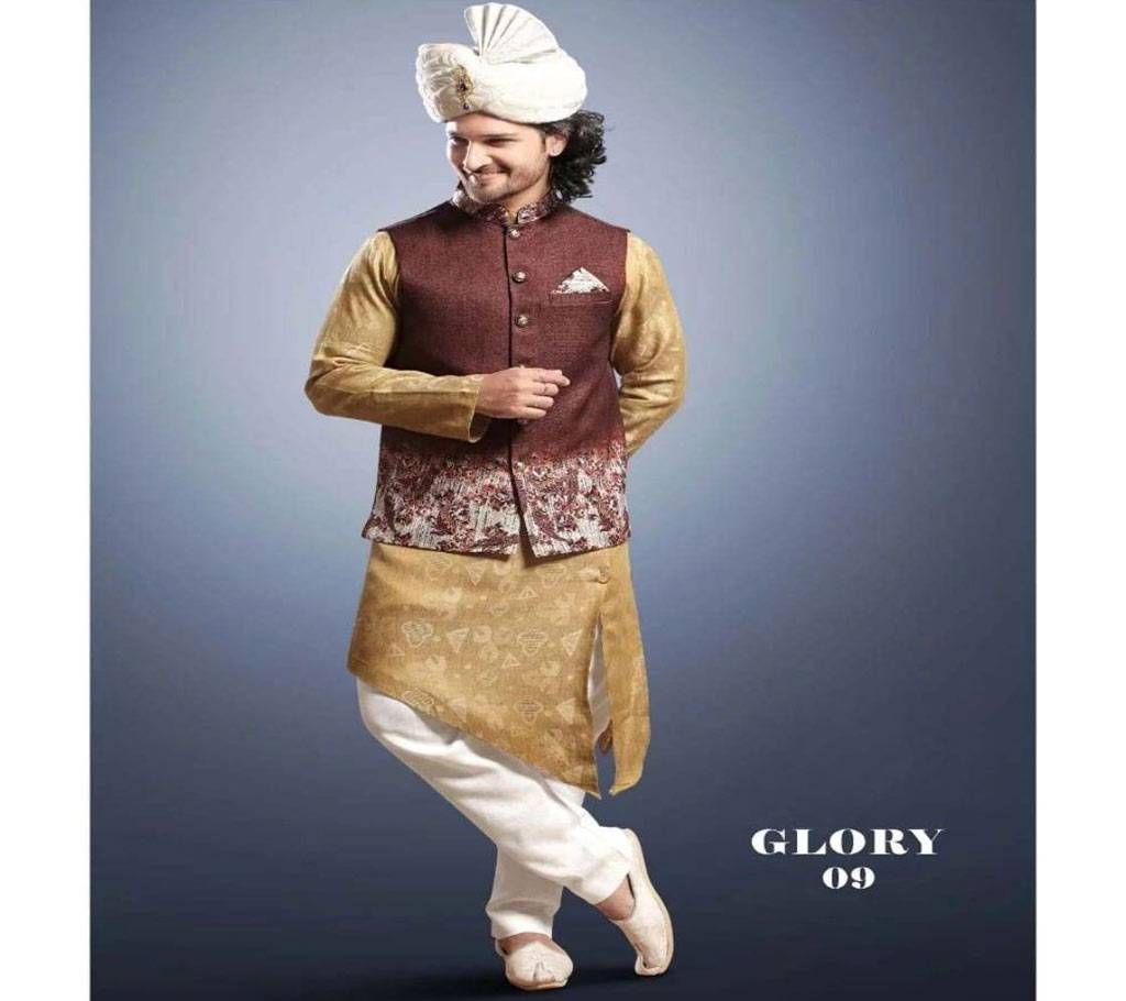Dark Maroon with Cream Multi Design Indian Koti for Men - Glory 09 - NDF