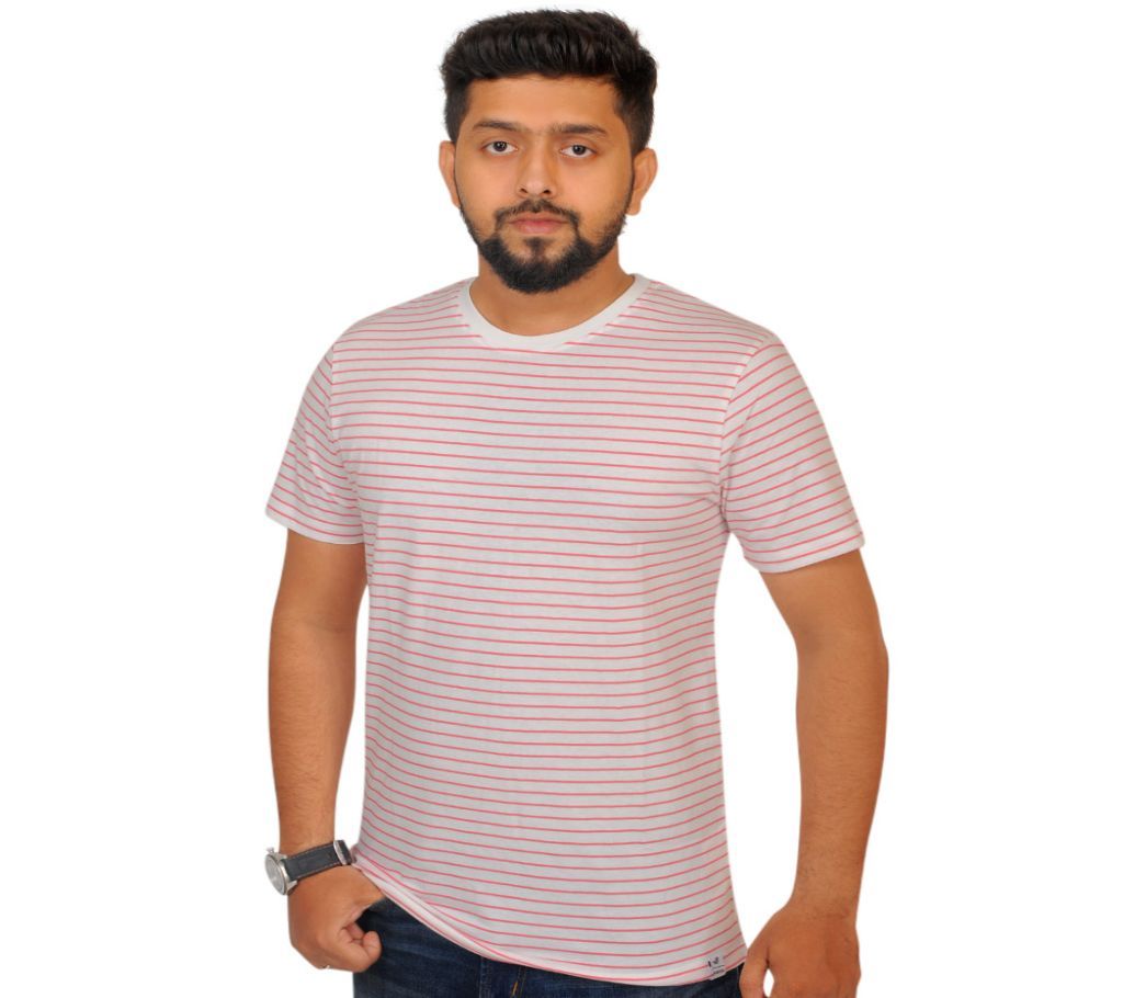 Red Striped Half Sleeve Cotton T shirt For Men