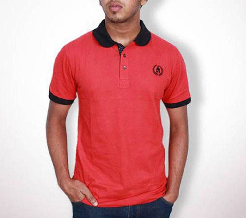 Red and Black Cotton Polo Shirt For Men