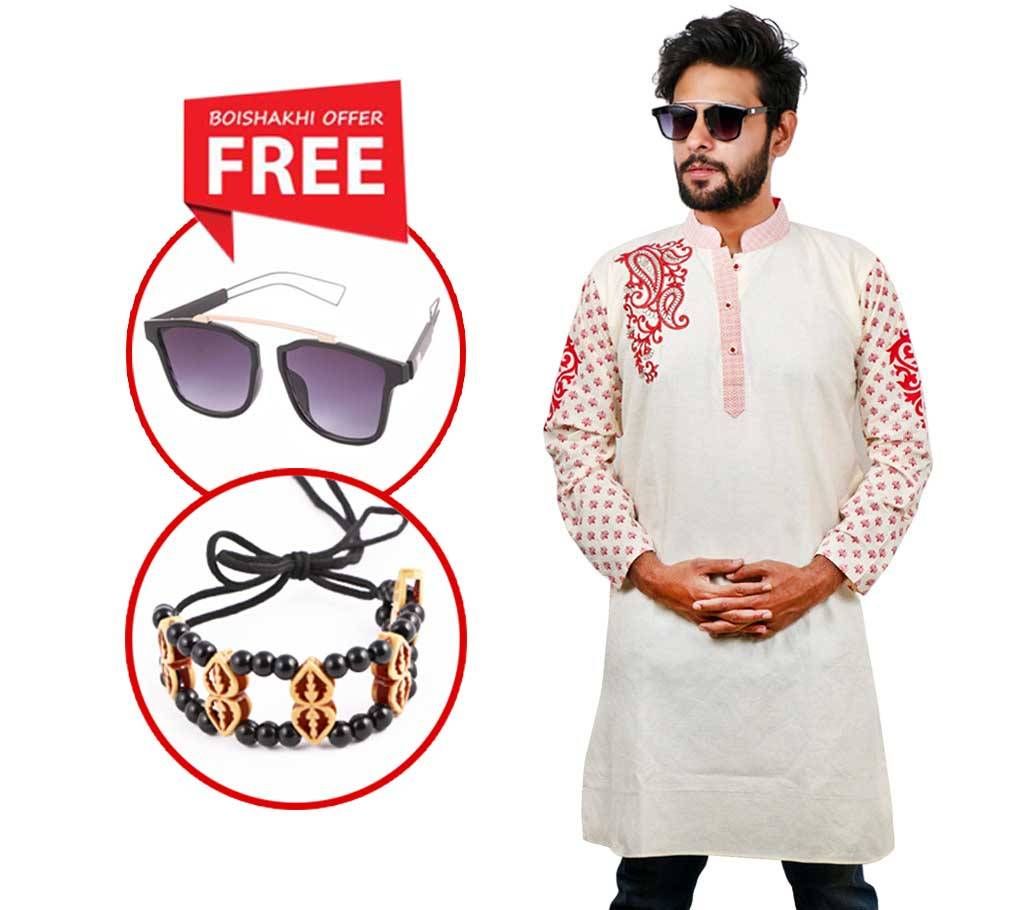 Baishaki Gents Semi Long Cotton Panjabi with Free Sunglasses & Bracelet