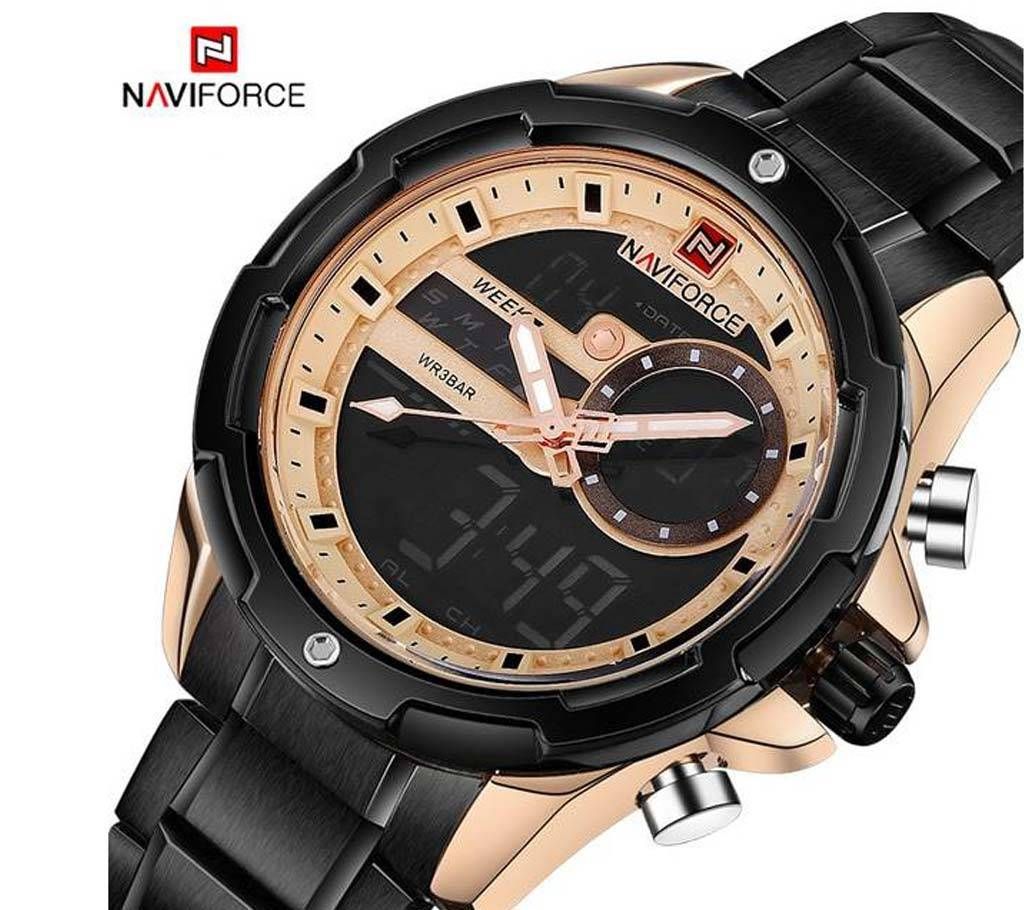 NAVIFORCE NF9120 STAINLESS STEEL DUAL TIME WRIST WATCH FOR MEN - BLACK & COPPER