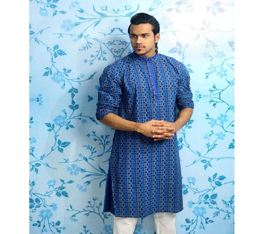 Navy Blue all over printed with Neck Navy Blue Piping Panjabi for Men - MPL 78(Code-SU776)