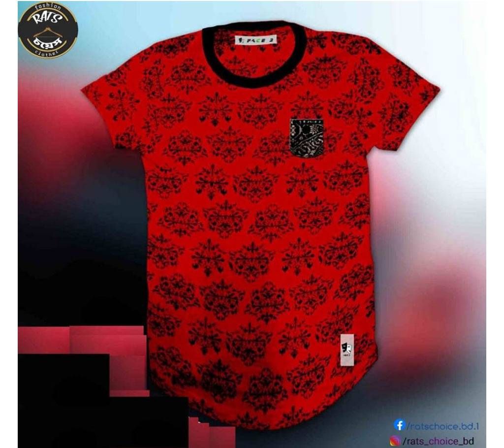 Rubber Print Cotton T-shirt - Red with Leaf