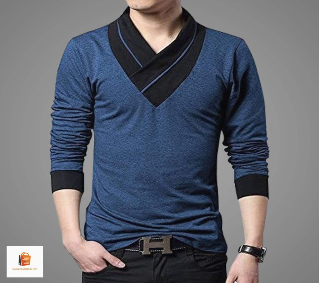 Mens V Neck Full Sleeve T shirt Blue - GGM