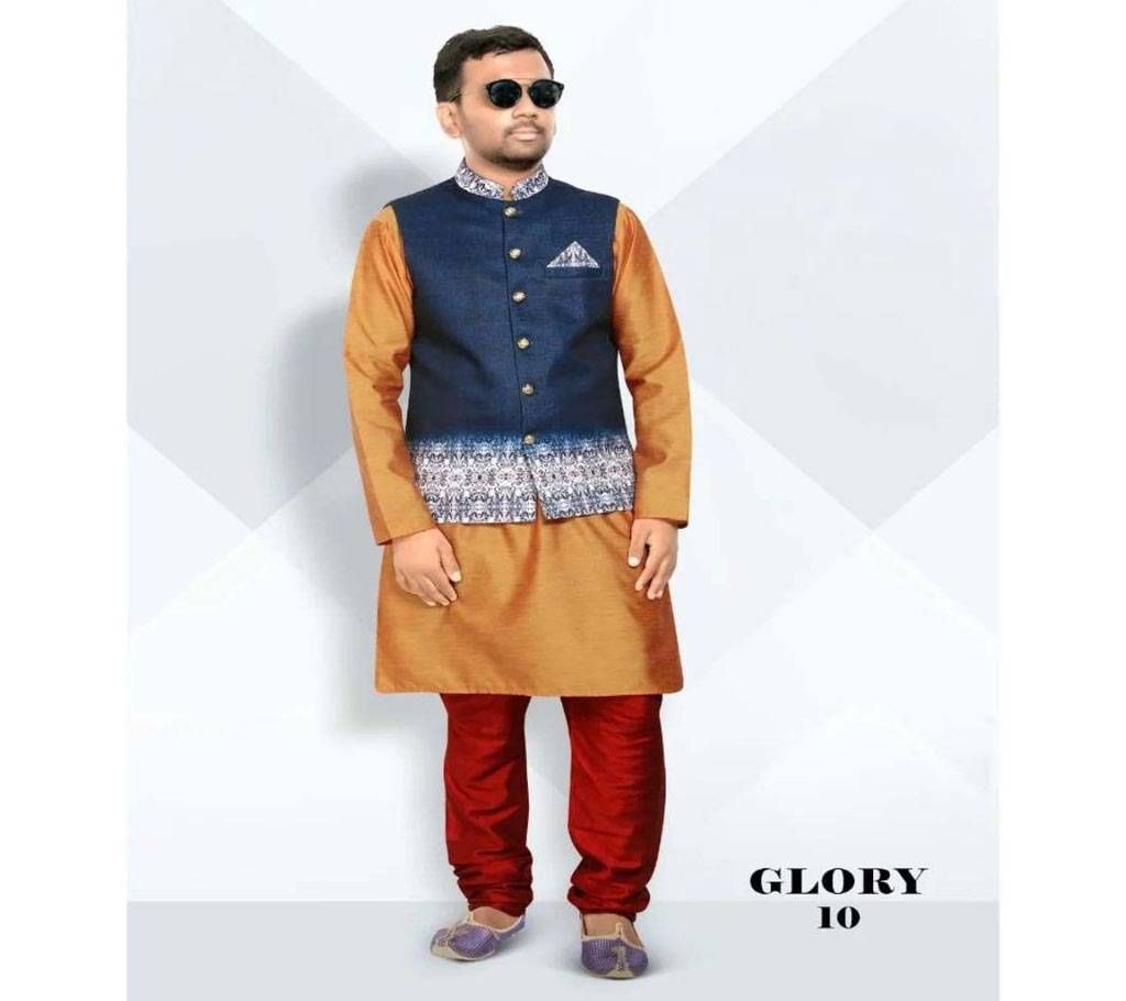 Steel Blue with Cream Multi Design Indian Koti for Men - Glory 10 - NDF