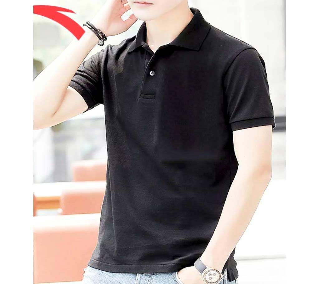 Black Cotton Polo T Shirt For-Black 
