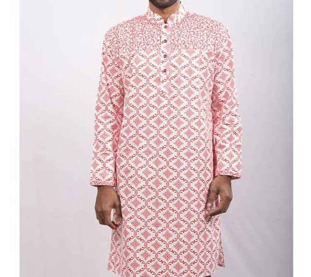 White and Red Printed Cotton Punjabi For Men