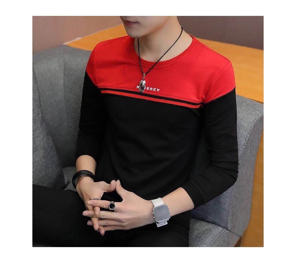 Red/Black Cotton Long Sleeve T-Shirt For Men