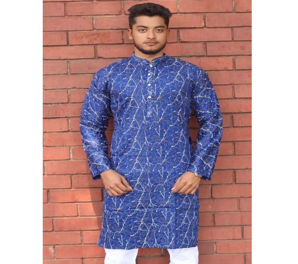 Menz Semi Long Panjabi - Blue Color With White And Gold Leaf Print - 190215