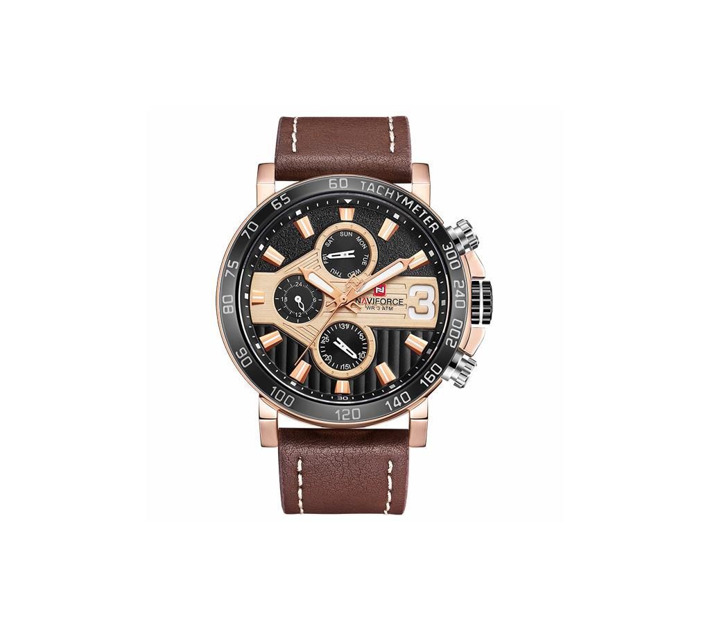 NAVIFORCE NF9137 Dark Brown PU Leather Chronograph Watch For Men - Dark Brown & RoseGold