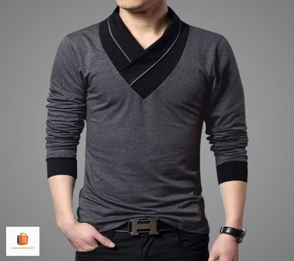 Mens V Neck Full Sleeve T shirt Ash - GGM