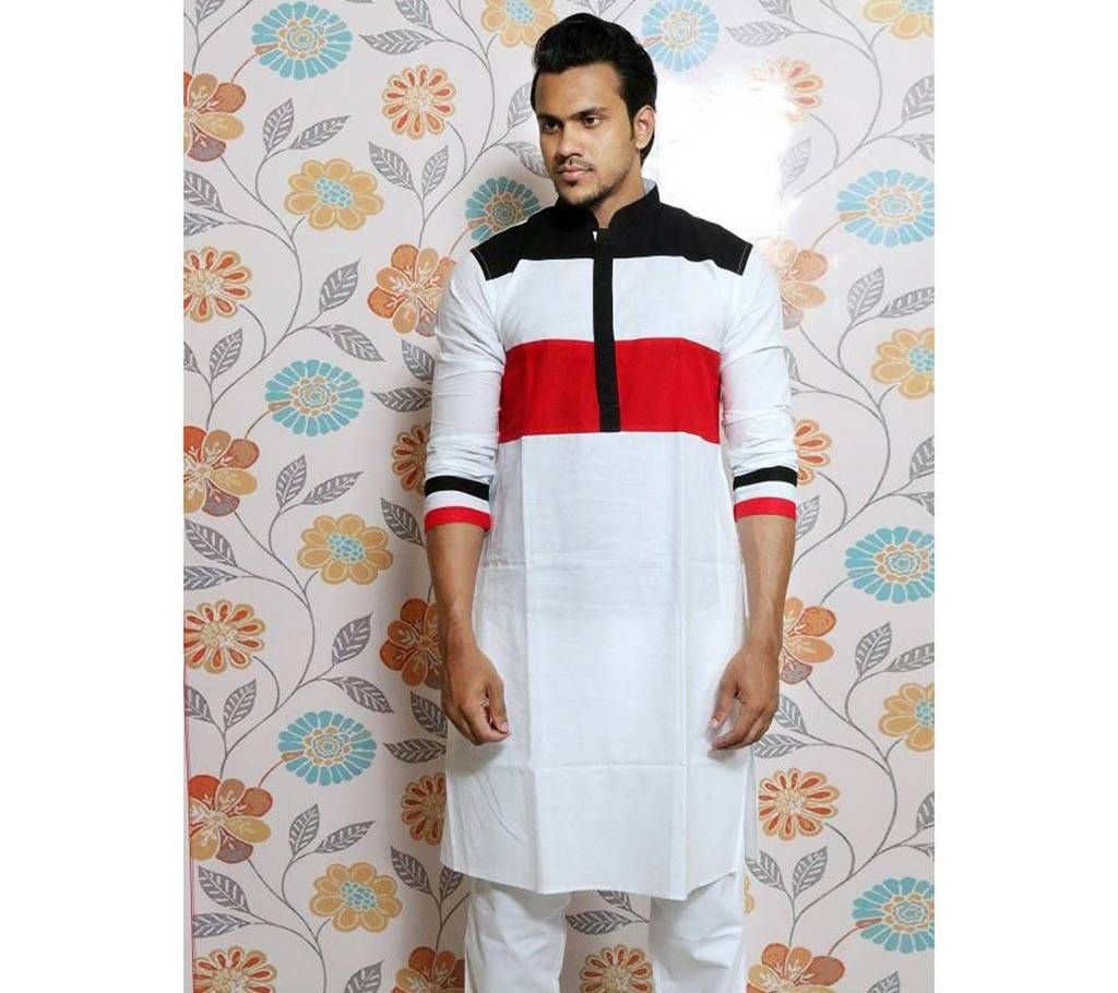 White Cotton Regular Fit Long Panjabi for Men by Ritzy