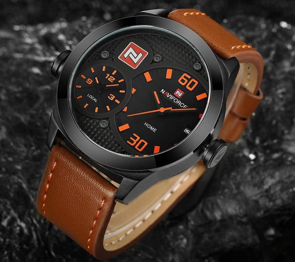 NAVIFORCE 9092 Dual Time Zone Genuine Leather Watch Copy