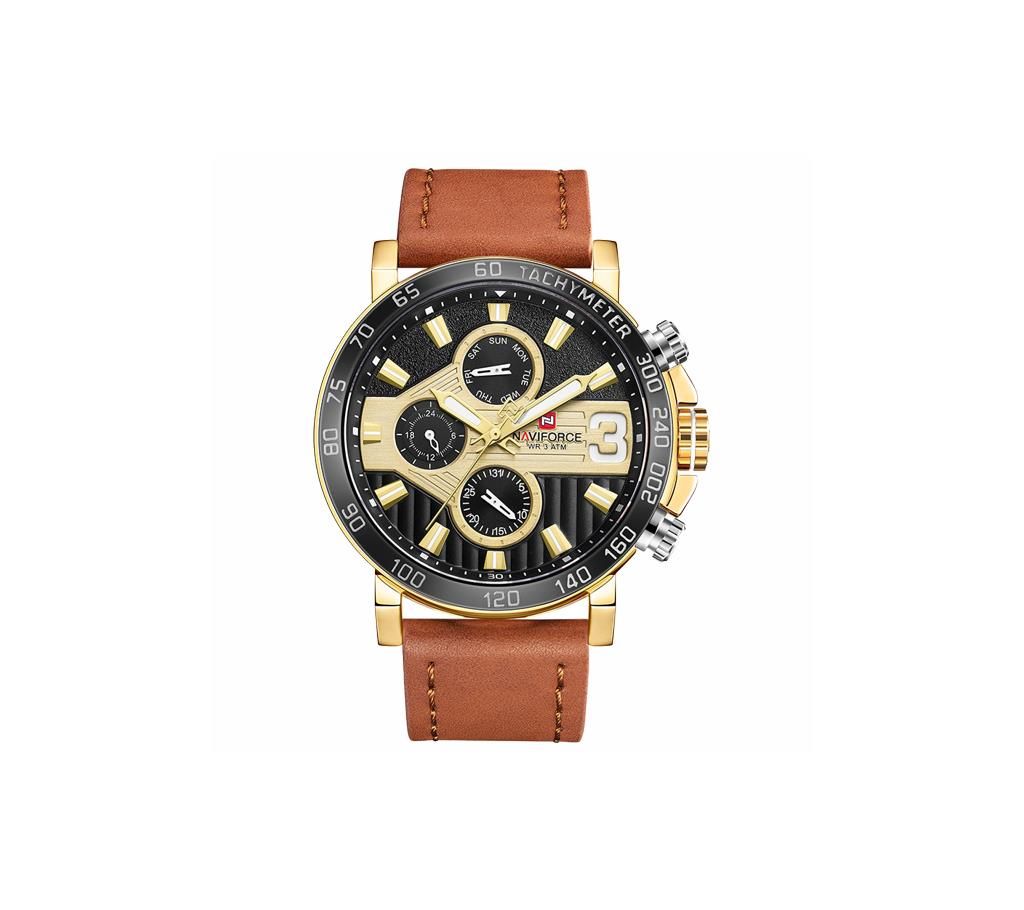 NAVIFORCE NF9137 Brown PU Leather Chronograph Watch For Men - Brown & Golden