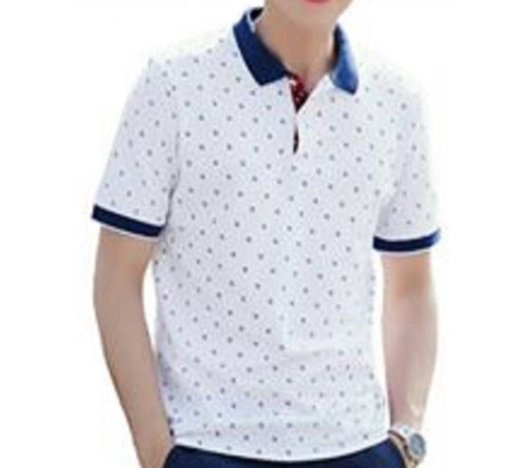Cotton Half Sleeve Polo Shirt For Men-White And Blue
