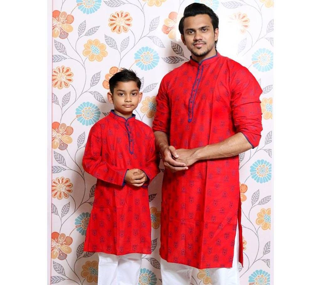 Red all over printed Mens and Kids Panjabi Payjama Set