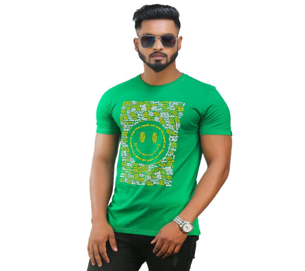 Mens Half Sleeve Casual Smile Face Emoji Text T Shirt Green