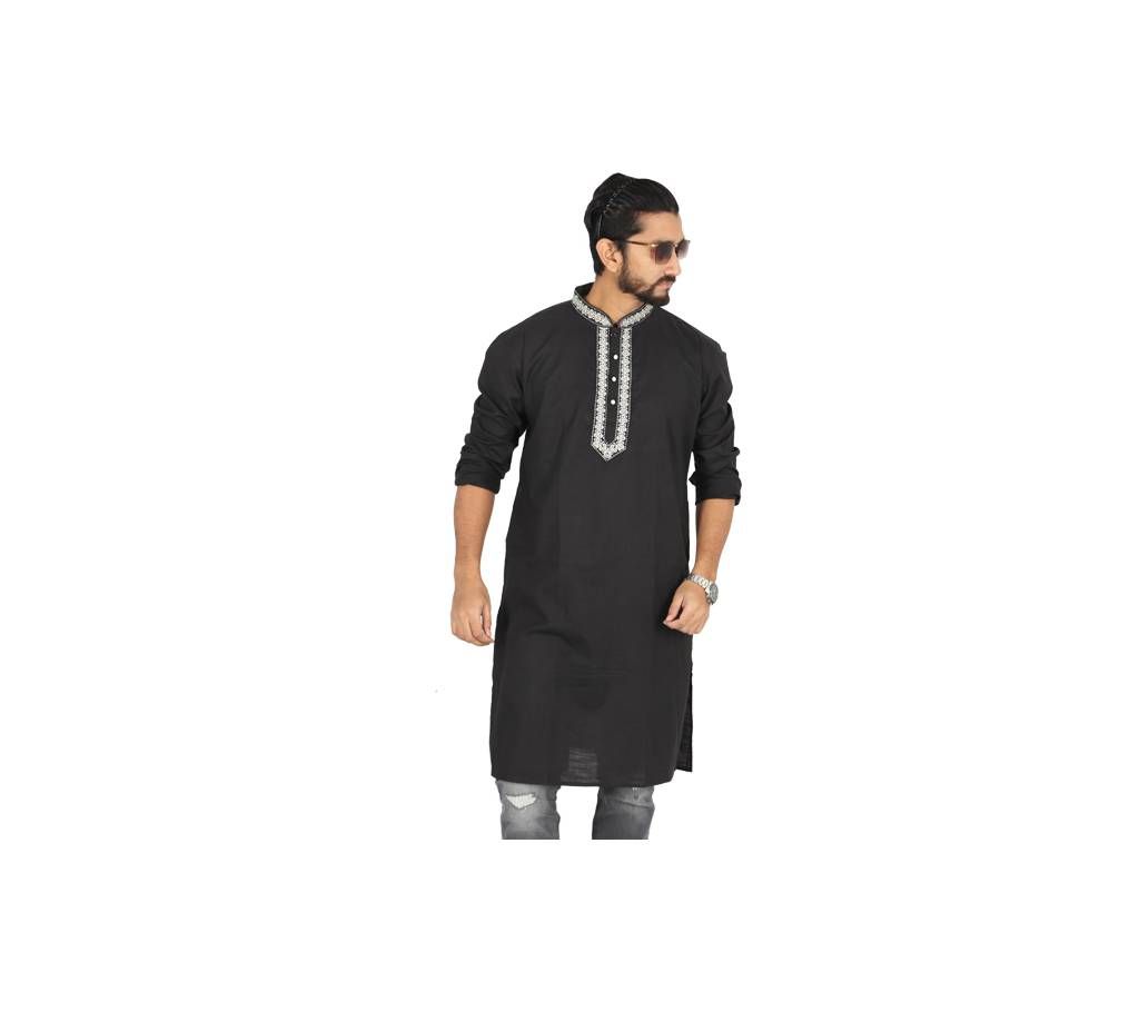 Black Solid Cotton Panjabi For Men