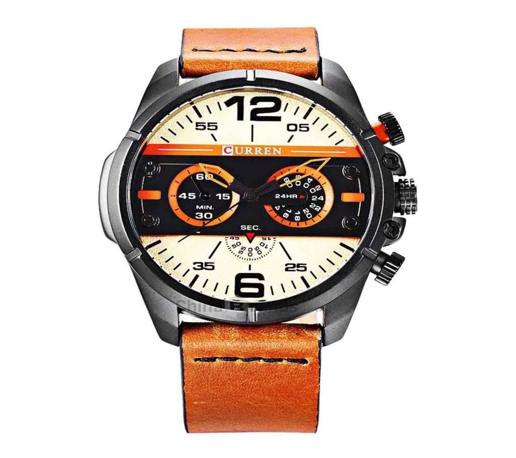 CURREN 8259 Brown Leather Decorative Sub-dial Watch For Men - Black & Red/Orange/Brown