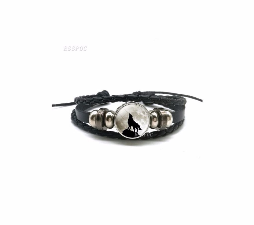 White Wolf Pendant Glass Adjustable Multilayer Leather Bracelet For Men