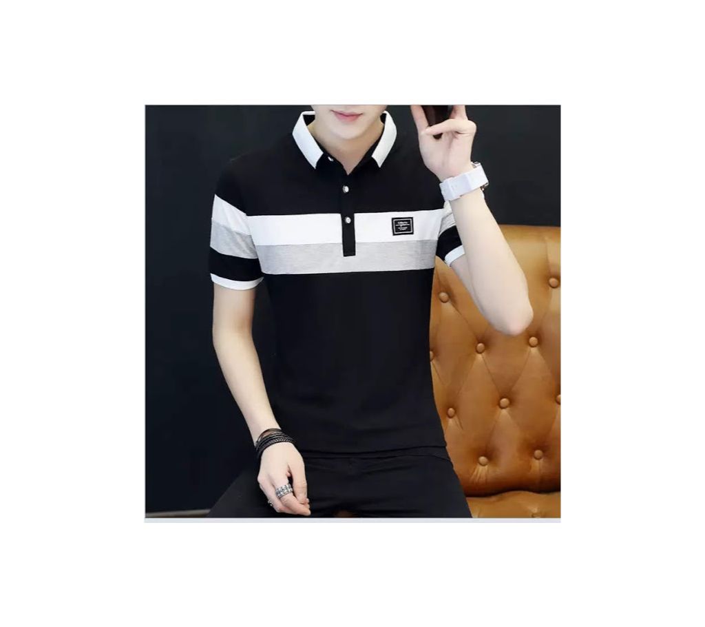 Mens Polo T-shirt Black WHITE GREY
