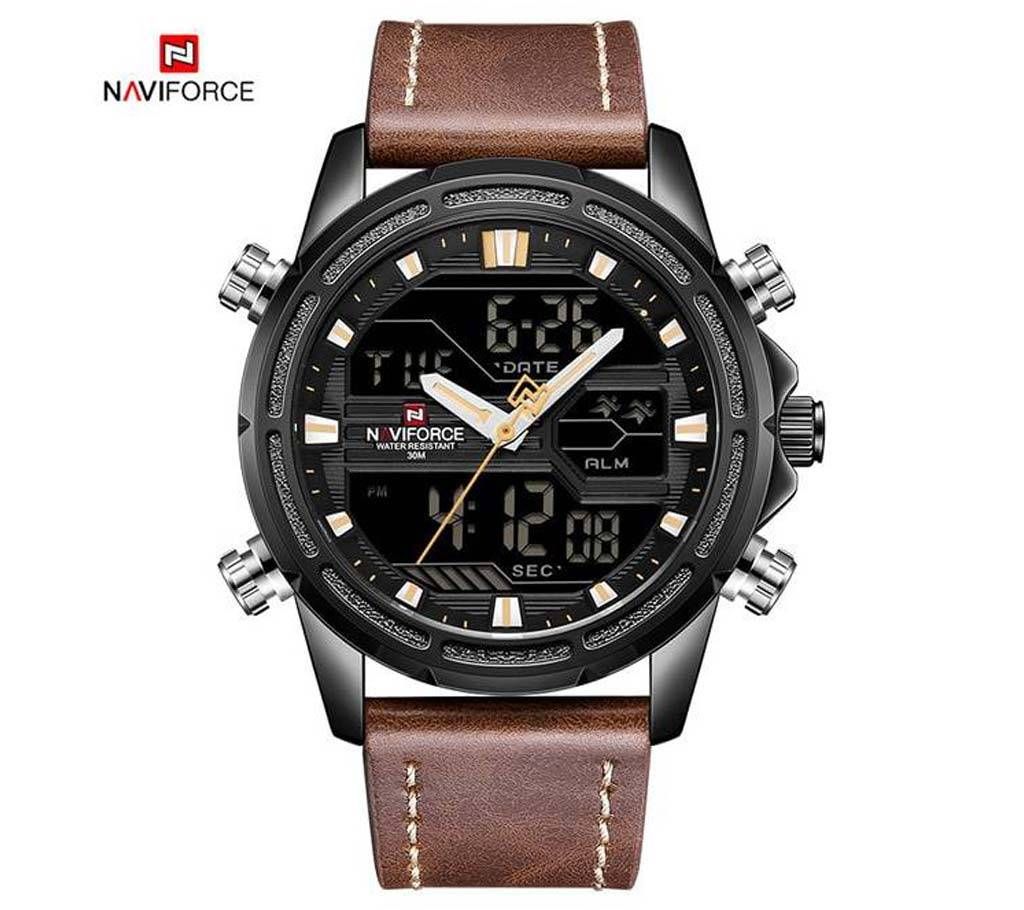 NAVIFORCE NF9138 PU LEATHER DUAL TIME WRIST WATCH FOR MEN - COFFEE