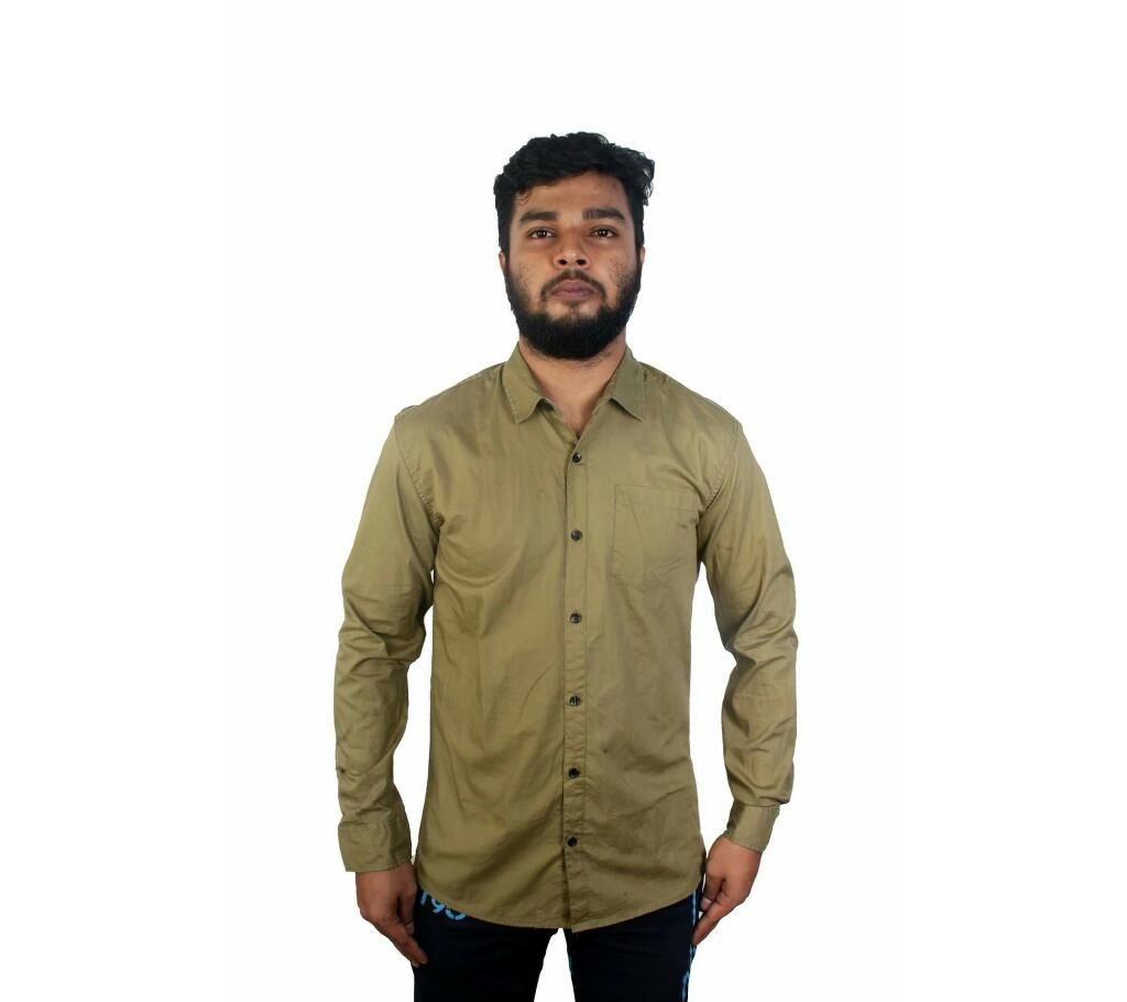 man's full sleav solid olive shirt