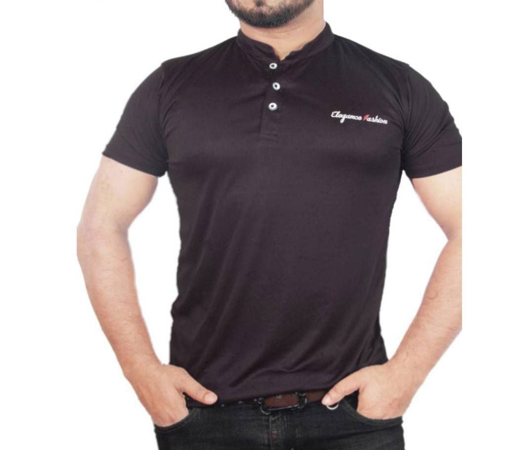 Half Sleeve Band Collar T Shirt For Mens - Dark Black