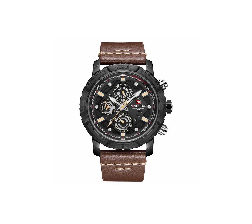 NAVIFORCE NF9139 Dark Brown PU Leather Chronograph Watch For Men - Dark Brown & Black