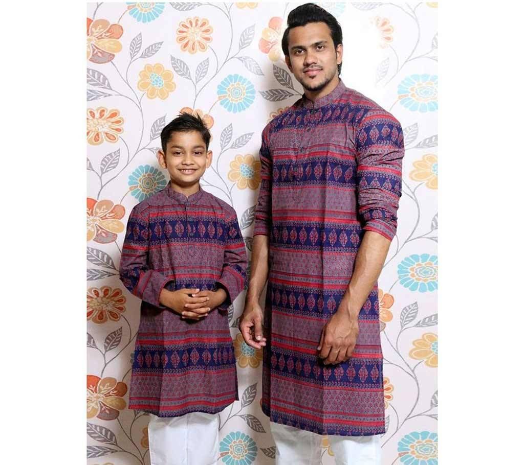 Navy Blue all over printed Mens and Kids Panjabi Payjama Set
