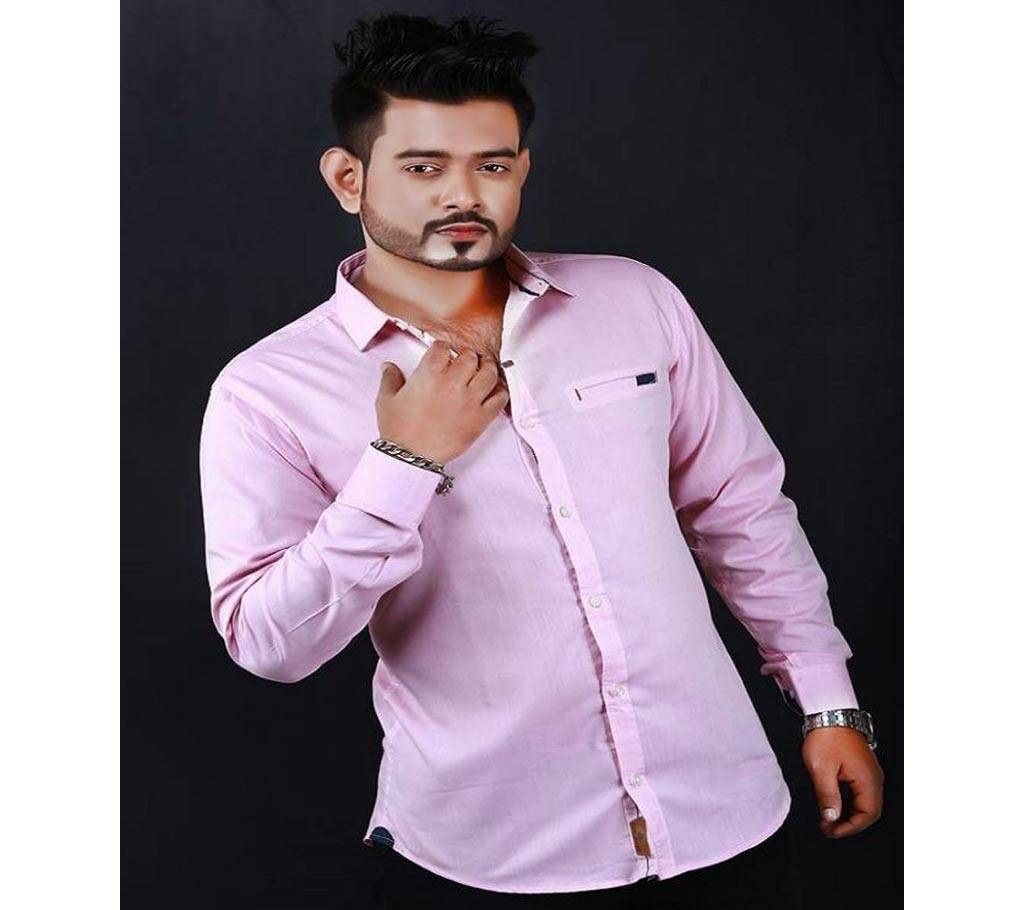 Pink Cotton Long Sleeve Shirt For Men