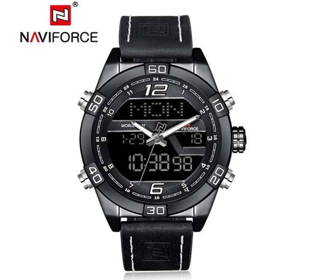 NAVIFORCE NF9128 PU LEATHER DUAL TIME WRIST WATCH FOR MEN - BLACK & WHITE