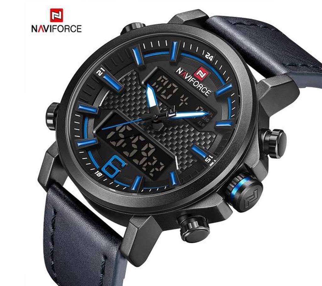NAVIFORCE NF9135 PU LEATHER DUAL TIME WRIST WATCH FOR MEN - BLACK & BLUE