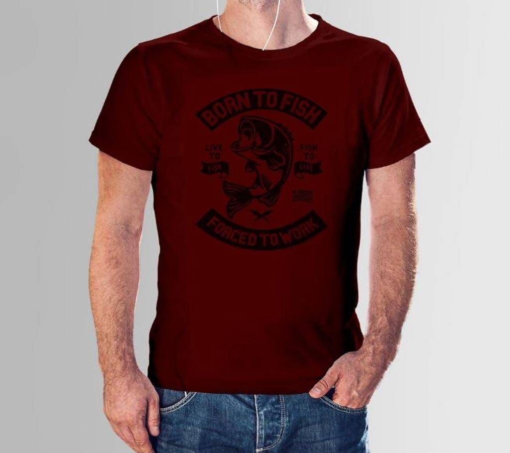 Rubber Print Cotton T-shirt - Born to Fish Forced to Work