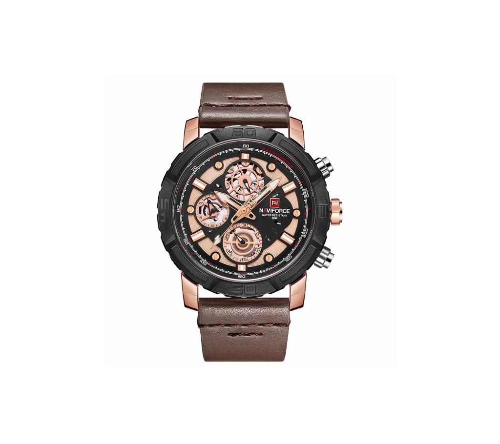 NAVIFORCE NF9139 Dark Brown PU Leather Chronograph Watch For Men - Dark Brown & RoseGold