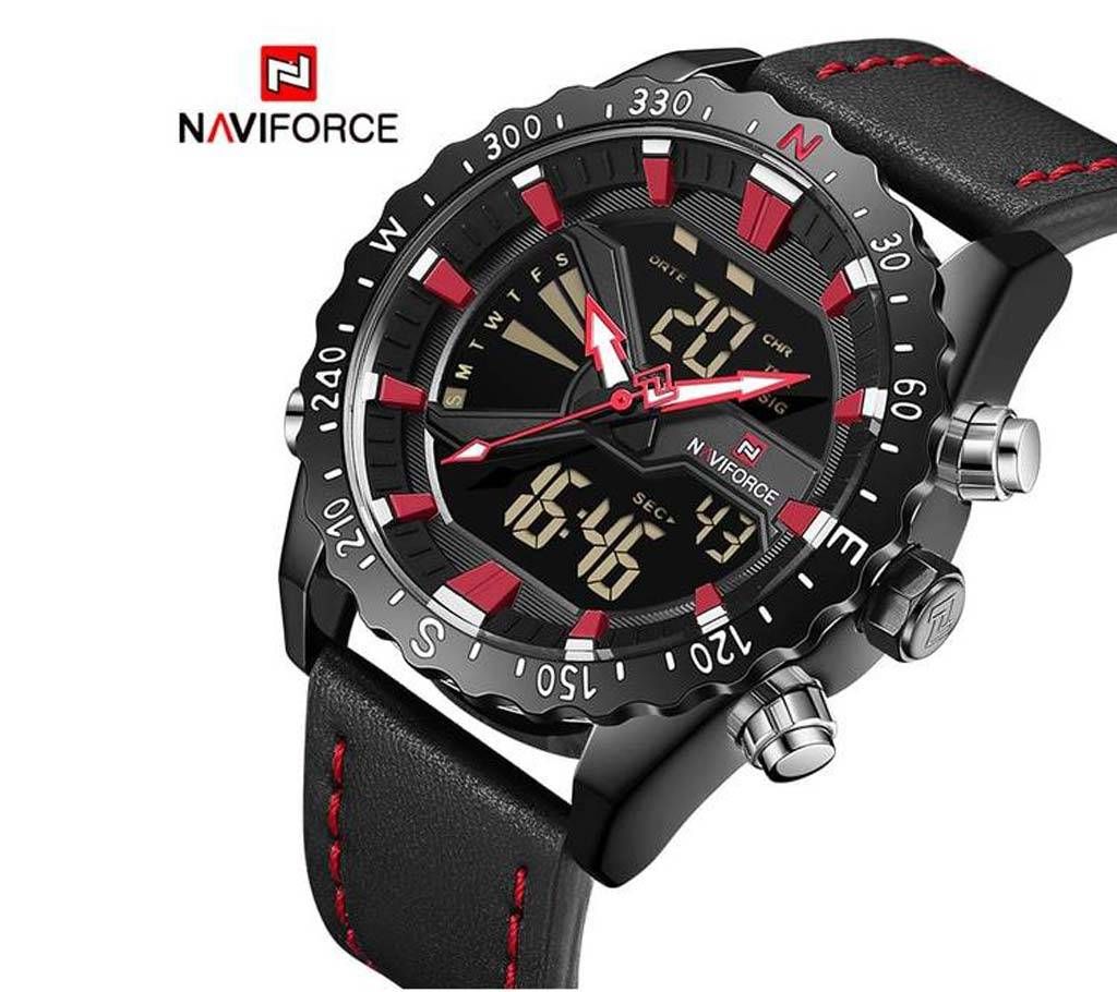 NAVIFORCE NF9136 PU LEATHER DUAL TIME WRIST WATCH FOR MEN - BLACK & RED