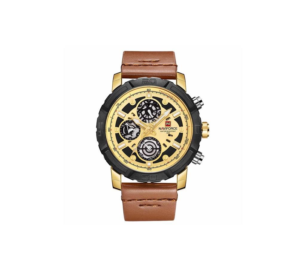NAVIFORCE NF9139 Brown PU Leather Chronograph Watch For Men - Brown & Golden