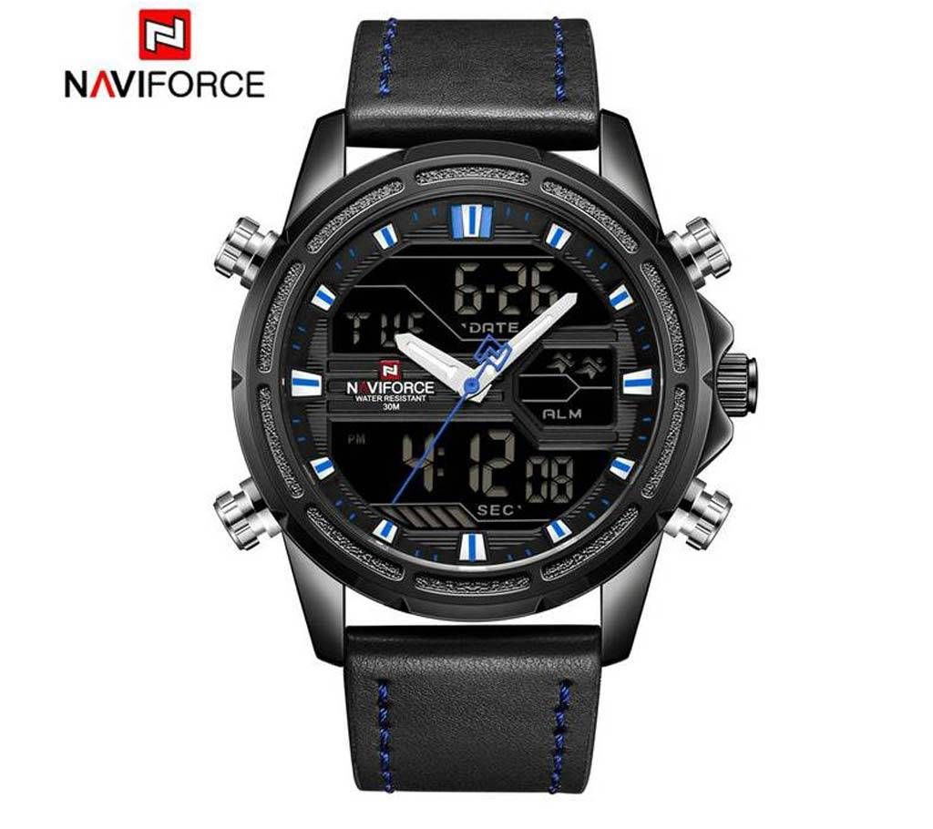 NAVIFORCE NF9138 PU LEATHER DUAL TIME WRIST WATCH FOR MEN - BLACK & BLUE