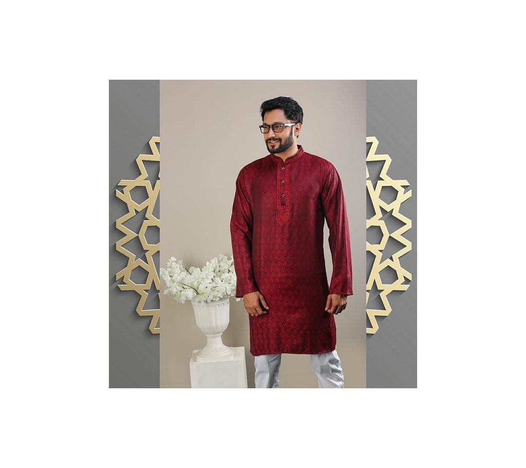 Mens Semi Long Panjabi  36  Red Maroon with Full Body Design and Design in Neck